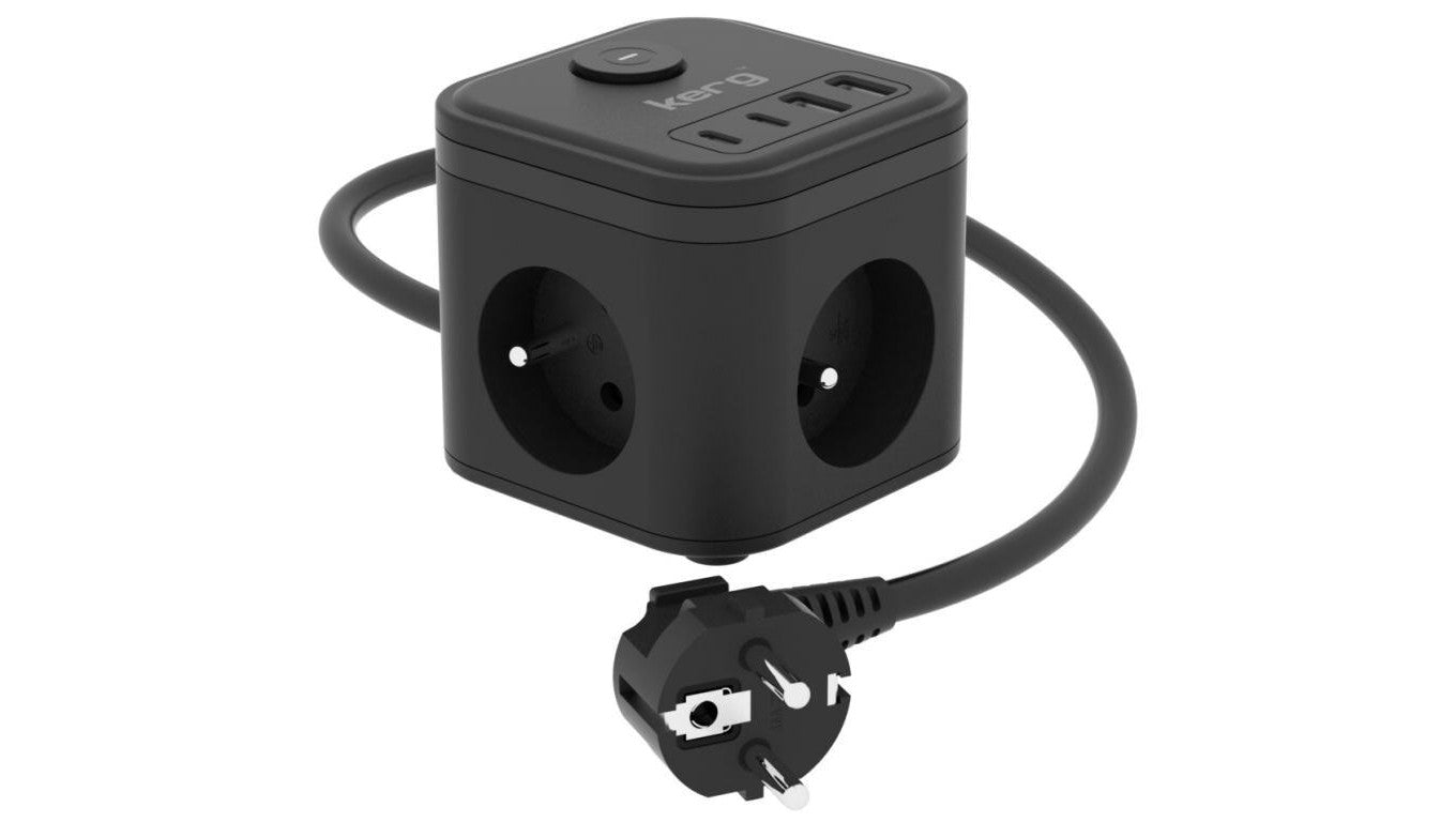 Kostka zasilająca 3-gniazdowa + ładowarka USB-A+USB-C 1,5m 3×1,5mm2 H05VV-F 16A/250V~ KERG Smart czarna
