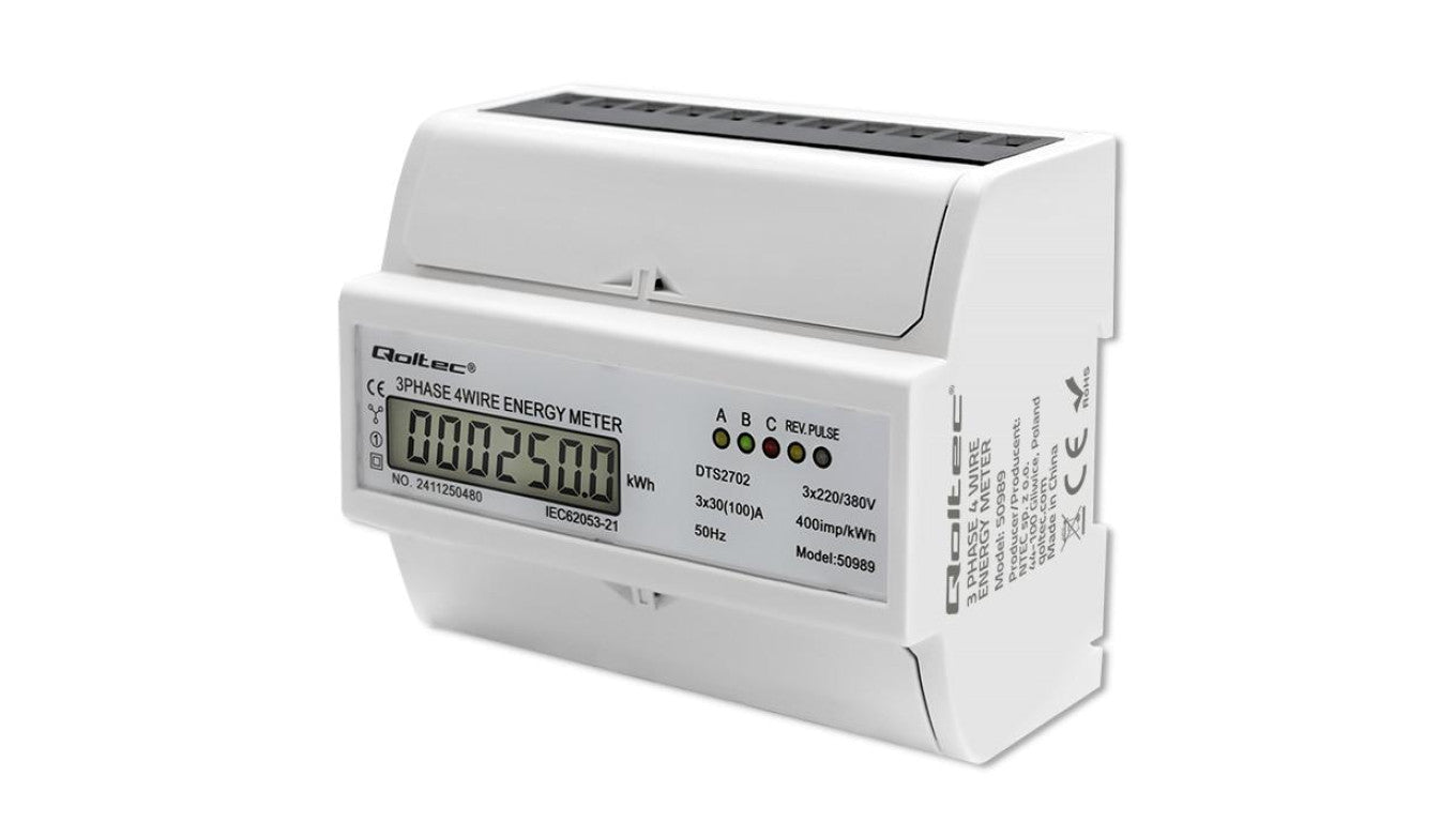 Qoltec Trójfazowy dwukierunkowy elektroniczny licznik miernik zużycia energii na szynę DIN 400V 100A LCD 4P