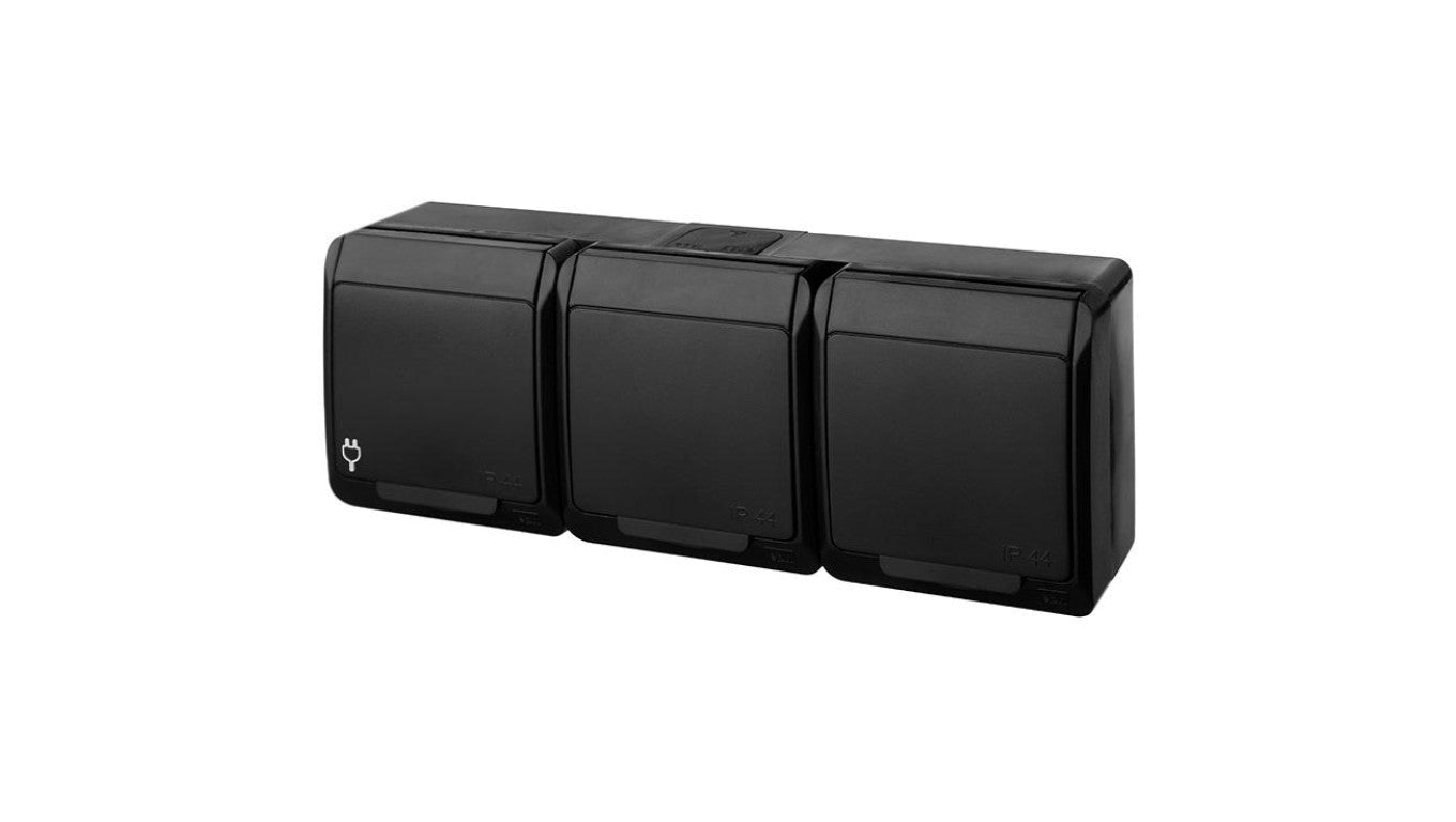 Gniazdo zasilające potrójne natynkowe hermetyczne IP44 czarne z klapką czarną 3x 2P+Z 16A HERMES ELEKTRO-PLAST NASIELSK