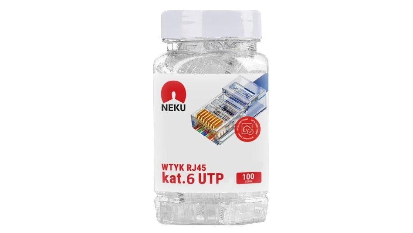 Wtyk modularny RJ45 8P8C kat.6 nieekranowany UTP uniwersalny drut linka NEKU opakowanie SŁOIK 100szt.