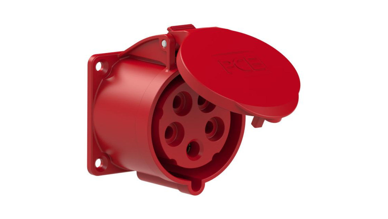 Gniazdo siłowe z klapką 5p 32A 400V tablicowe proste IP44 70x70mm TWIST PCE do obudowy czerwone