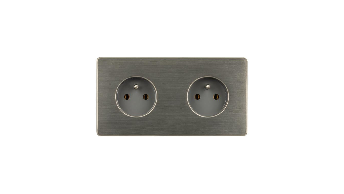 Gniazdko elektryczne szare podwójne ramka stal szczotkowana PVD Gunmetal GN-SNPG02S