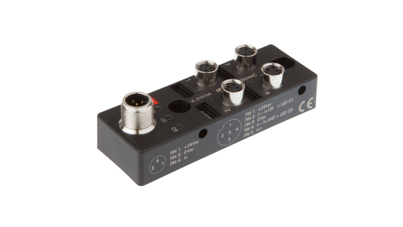 Moduł logiczny 27x88x31mm AND/OR 4-krotny 10-30VDC -30-85 stC złącze M8 żeńskie 3-PINowe złącze M12 męskie 4-PINowe IP67 VL3101