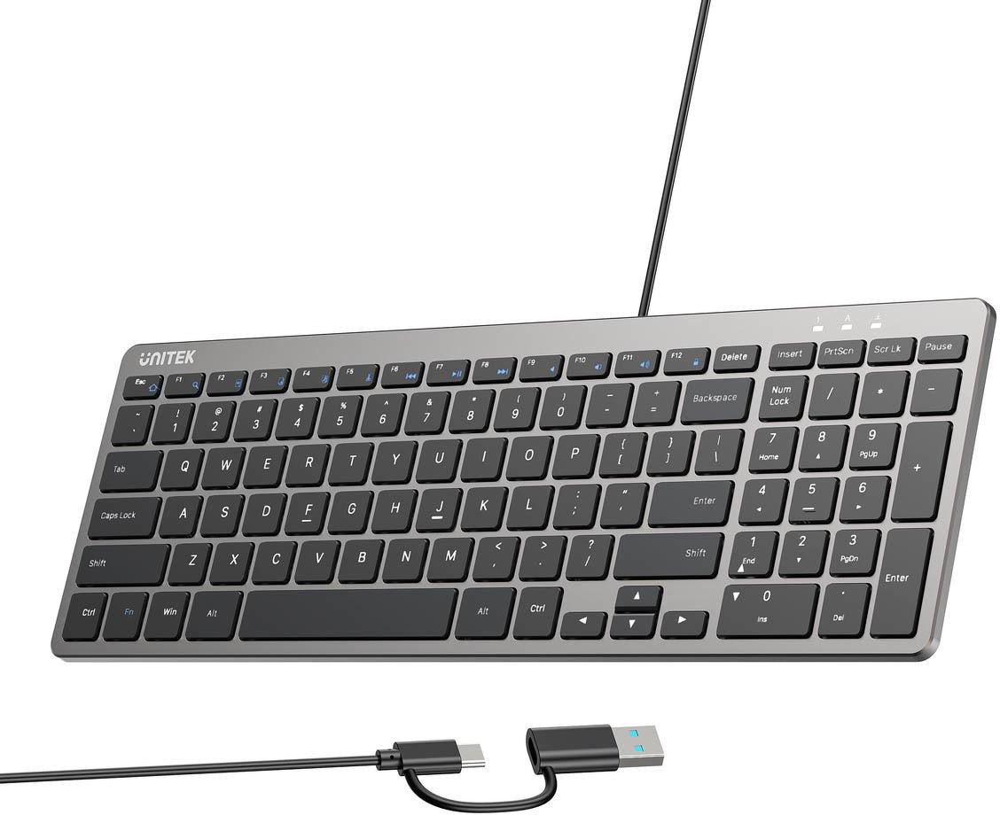 Klawiatura przewodowa Unitek SlimTap USB-C/USB-A
