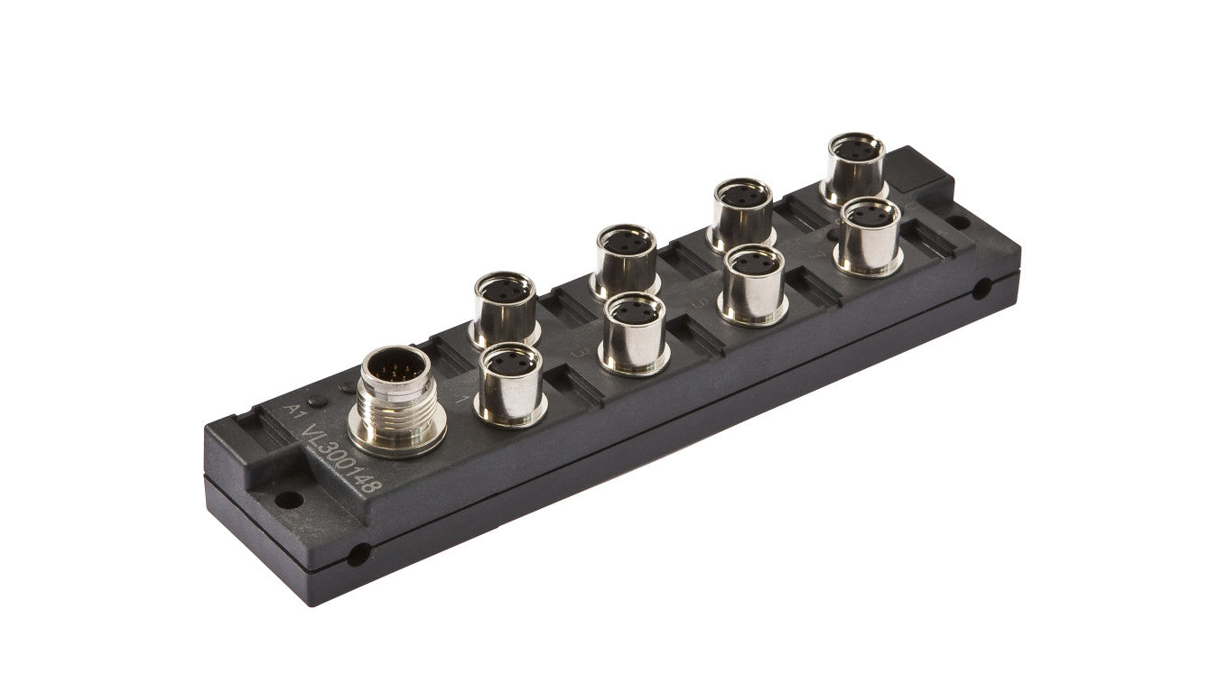 Moduł logiczny 26x136x30mm AND 4-krotny 10-30VDC złącze M8 żeńskie 3-PINowe złącze M12 męskie 12-PINowe IP67 VL300148