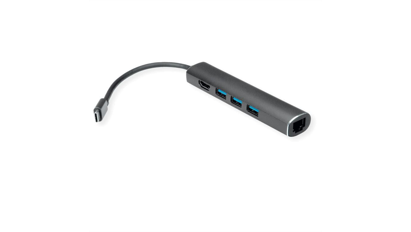 VALUE Stacja dokująca USB typu C, HDMI 4K, 3x USB typu A, Gigabit Ethernet, grijs