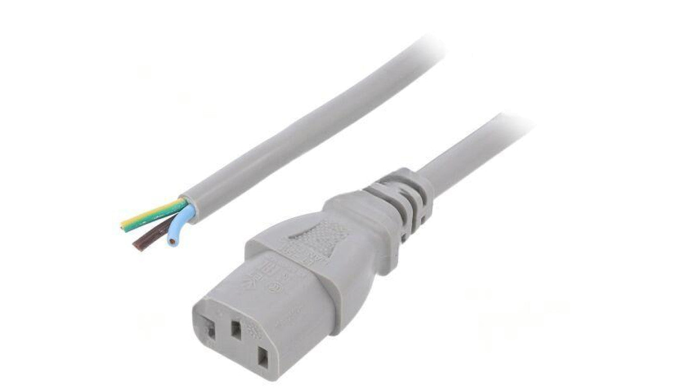 Kabel: 3x1mm2, IEC C13 żeński, 3m, 10A, 250V LT-501 H05VV-F 1.0/3C GRY 3M END