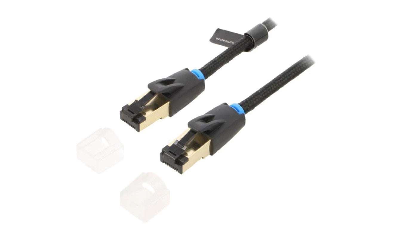 Patch cord S/FTP Cat 8 Cu PVC tekstylny czarny 1,5m 30AWG IKGBG