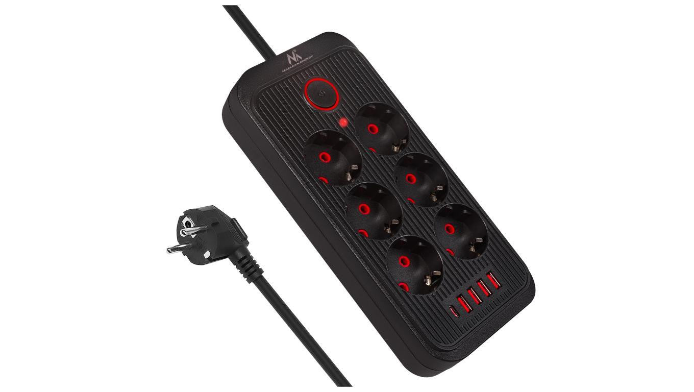 Listwa zasilająca Maclean, przedłużacz 6 gniazd + 4xUSB, 110-240V AC 50/60Hz, 2.1A max 2500W, 1,5 m, czarna,MCE389 B