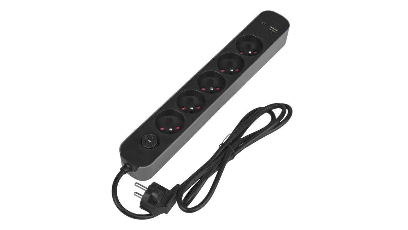 Listwa ochronna DPM z wyłącznikiem - 5 gniazda AC, 1x USB-A, 1x USB-C 1,5M szara