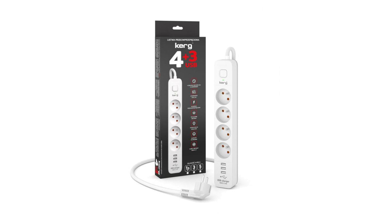 Urządz. zas.-zabezpiecz. KERG z wyłącznikiem-4 gniazda-3USB-biało-szary-3m-16A-H05VV-F-3x1,5mm2