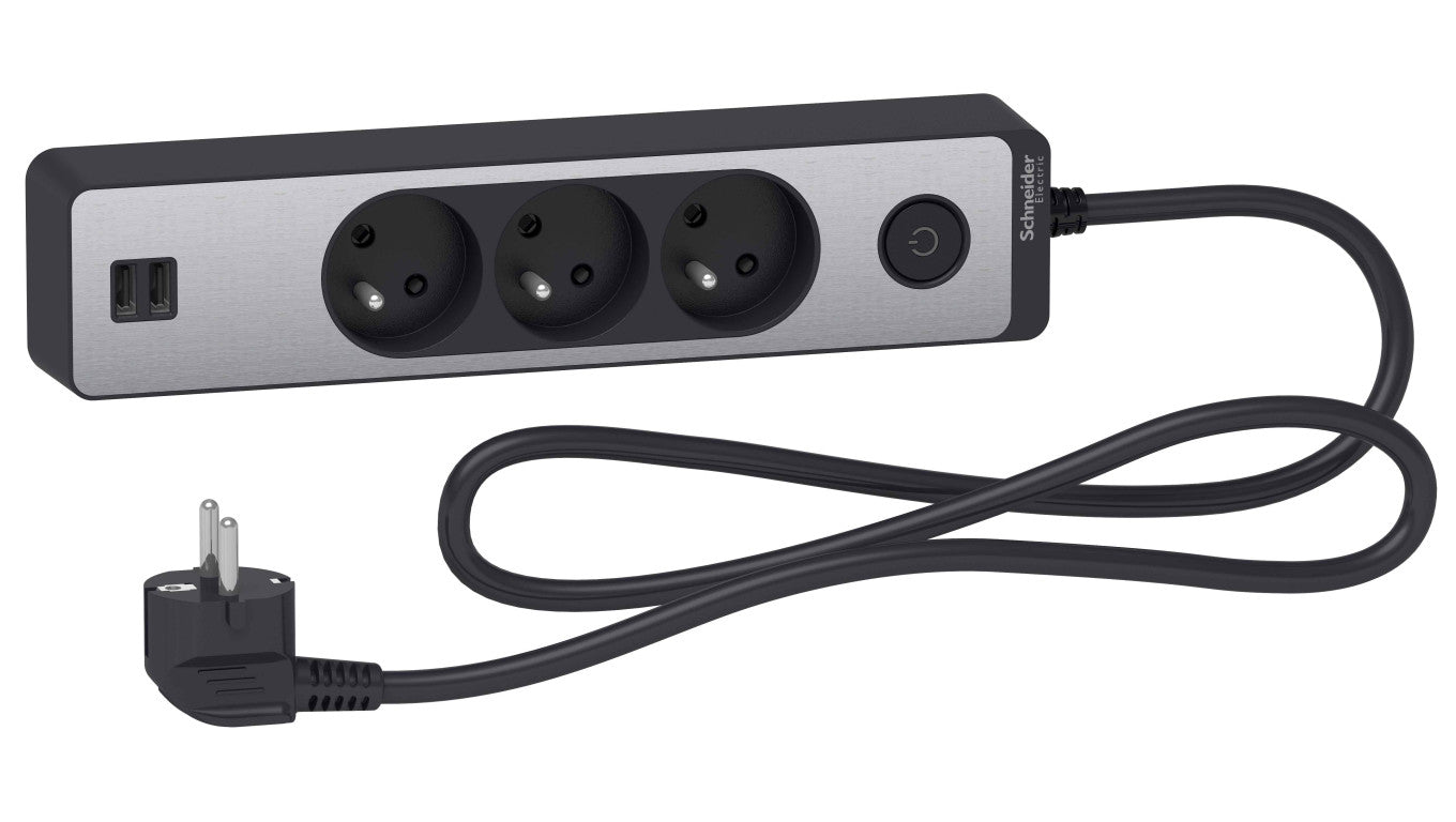 Odace Przedłużacz 3 gniazdowy z łącznikiem 2x USB, 1,5m antracyt+szczotkowane aluminium ST933U1BA