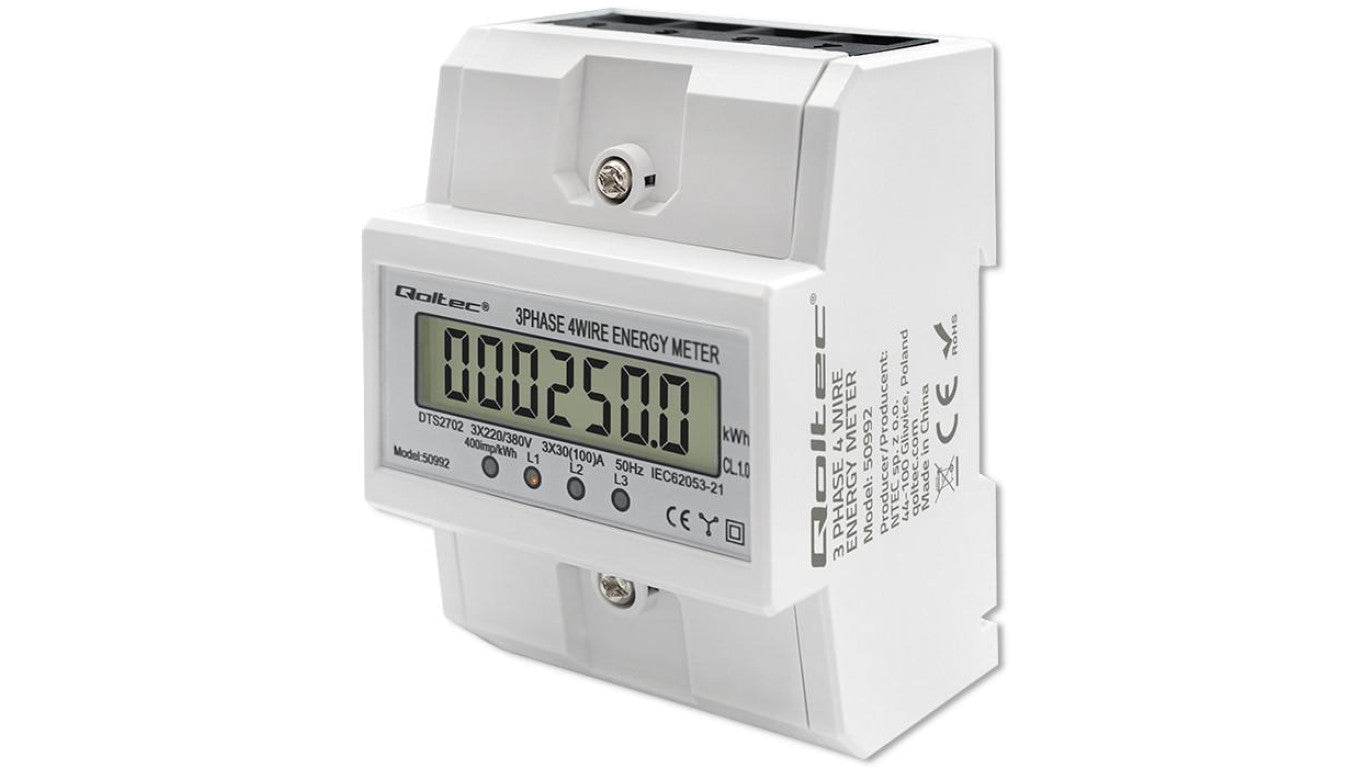 Qoltec Trójfazowy elektroniczny licznik miernik zużycia energii na szynę DIN 400V 100A LCD 4P