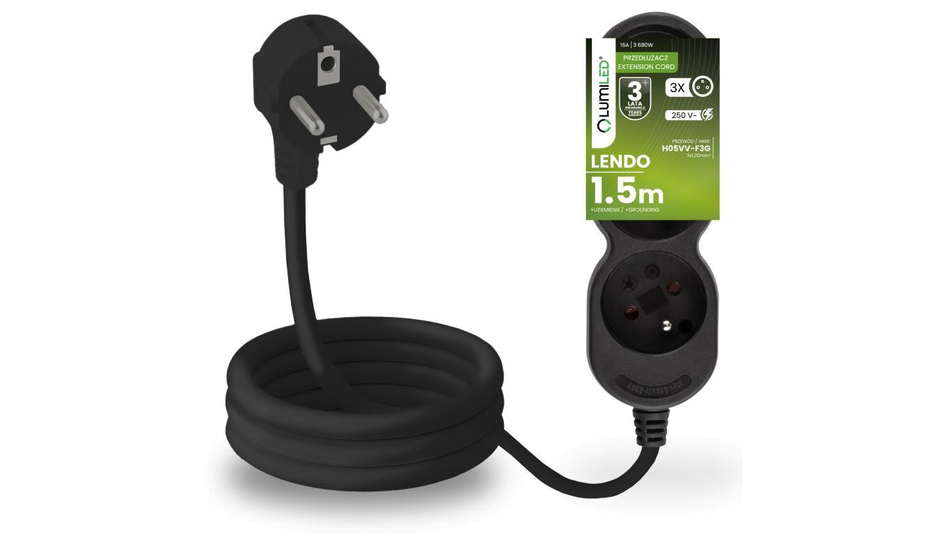 Przedłużacz Sieciowy Kabel z Uziemieniem Listwa Zasilająca 3 Gniazda 1.5m Czarny Sznur Lendo Lumiled