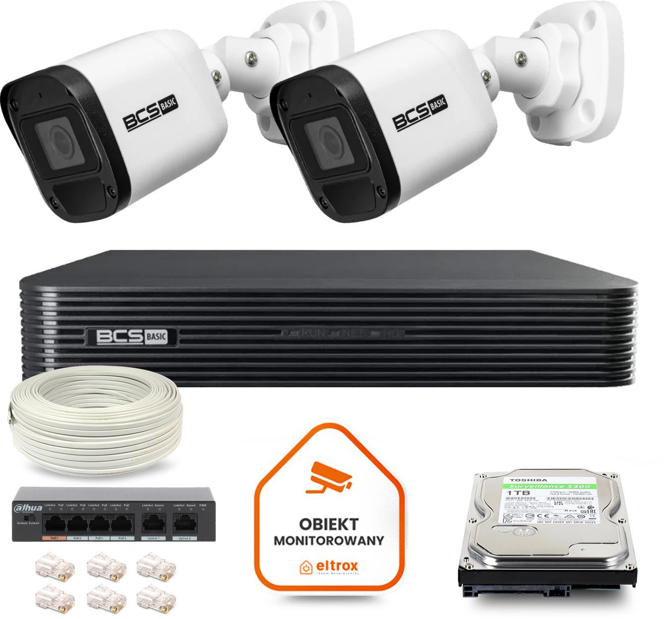 Zestaw monitoringu IP BCS Basic 2x Kamera BCS-B-TIP15FR3(2.0) Rejestrator z dyskiem